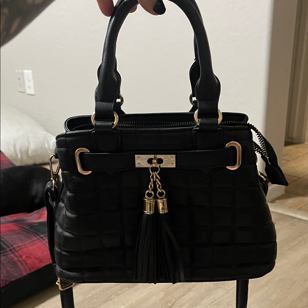 Black Quilted Tassel Top-Handle Bag